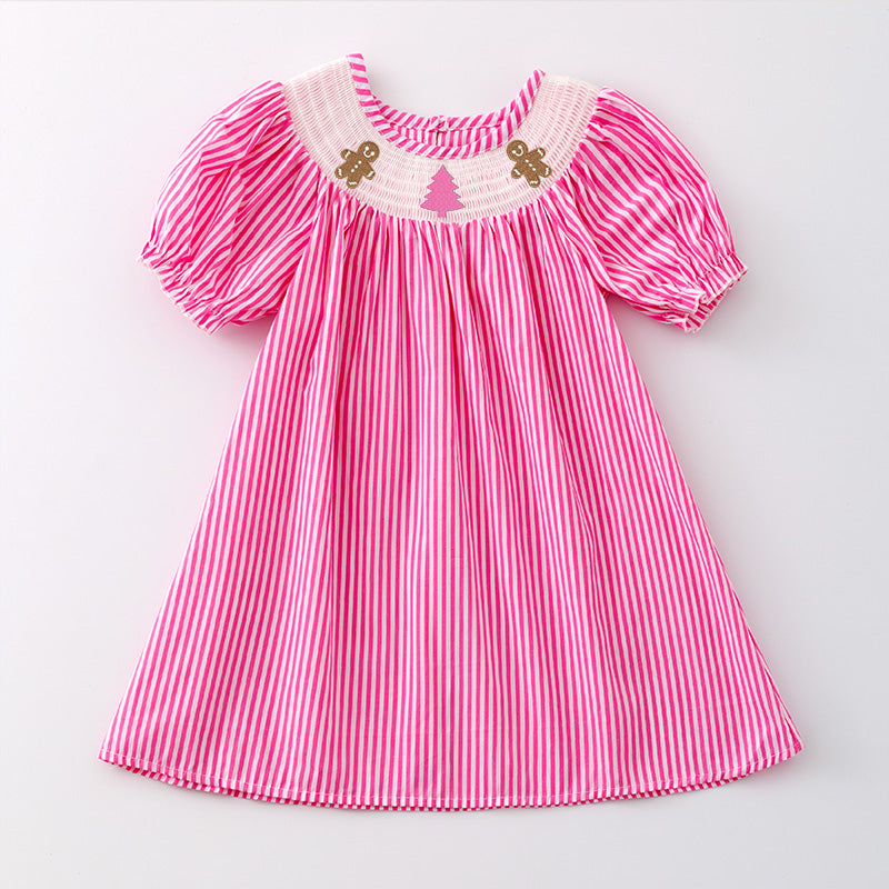 (Pre Order)Girls Pink Stripe Christmas Embroidery Smocked Dress