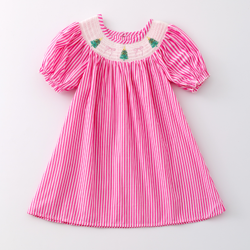 (Pre Order)Girls Pink Stripe Christmas Embroidery Smocked Dress