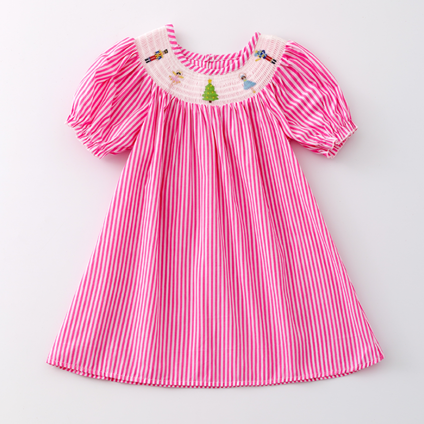 (Pre Order)Girls Pink Stripe Christmas Embroidery Smocked Dress