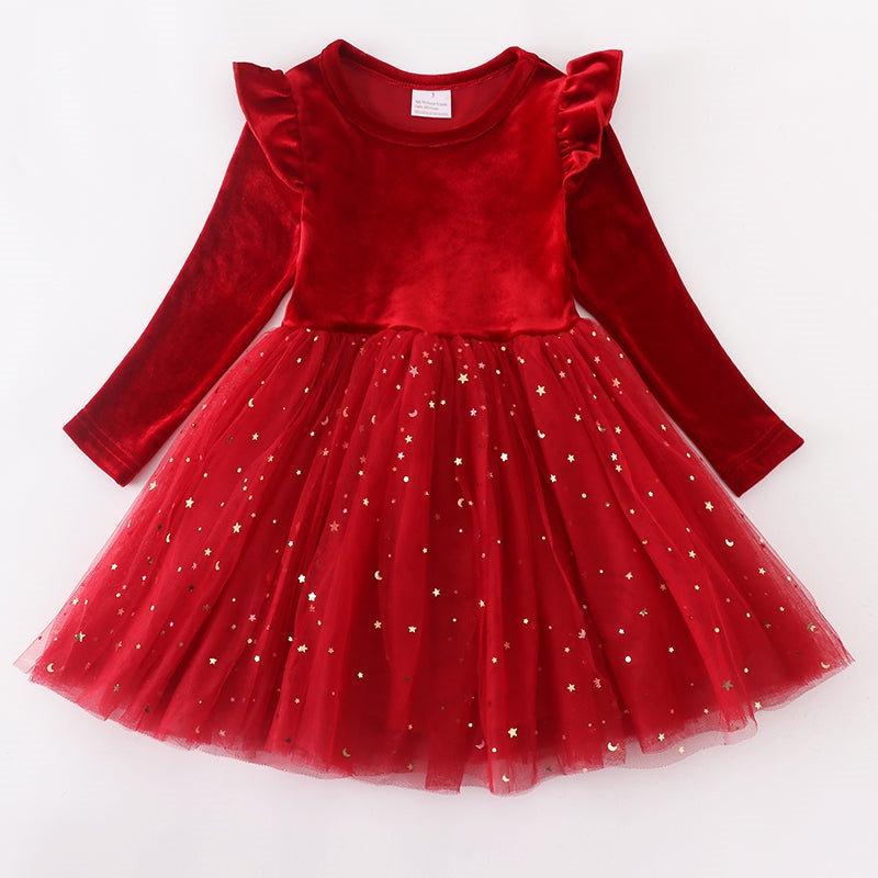 (In Stock L36-05-02)Girls Red Velvet Tulle Dress