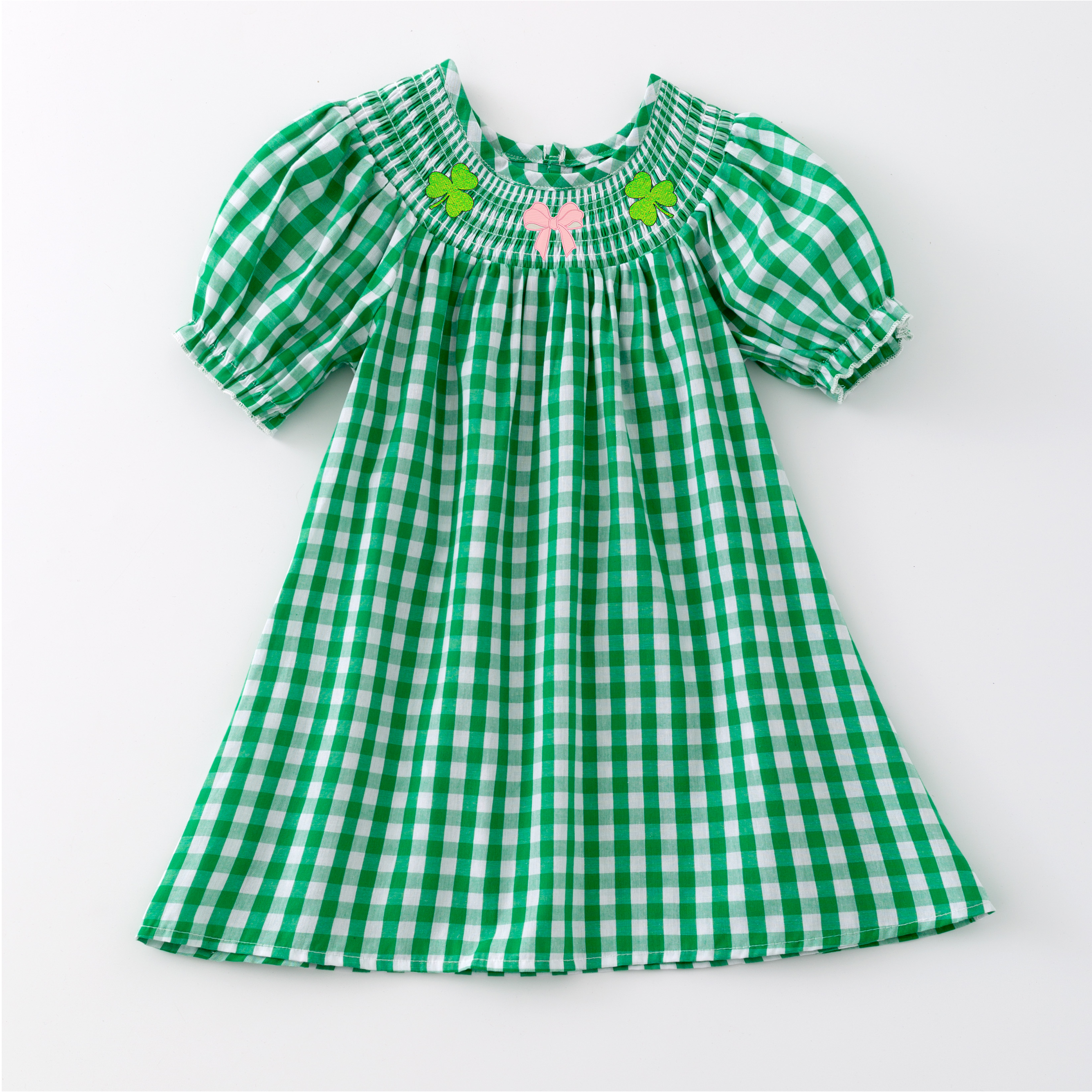 (Pre Order)St. Patrick's Day Shamrock Embroidery Smocked Romper Dress Outfit Set
