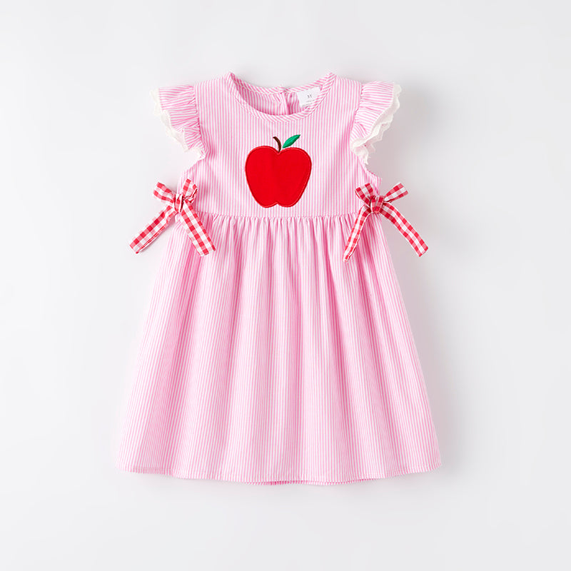 (In Stock)Girls Summer Back To School Apple Applique Cotton Dress