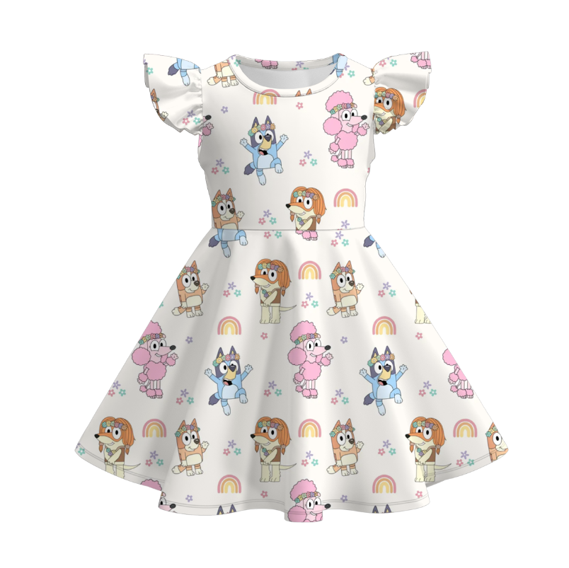 (Pre Order)Girls Spring and Summer Cartoon Print Flying Sleeves Dress
