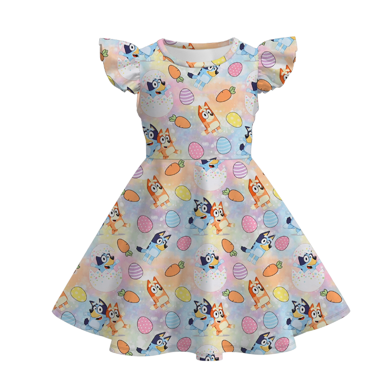(Pre Order)Girls Spring and Summer Cartoon Print Flying Sleeves Dress