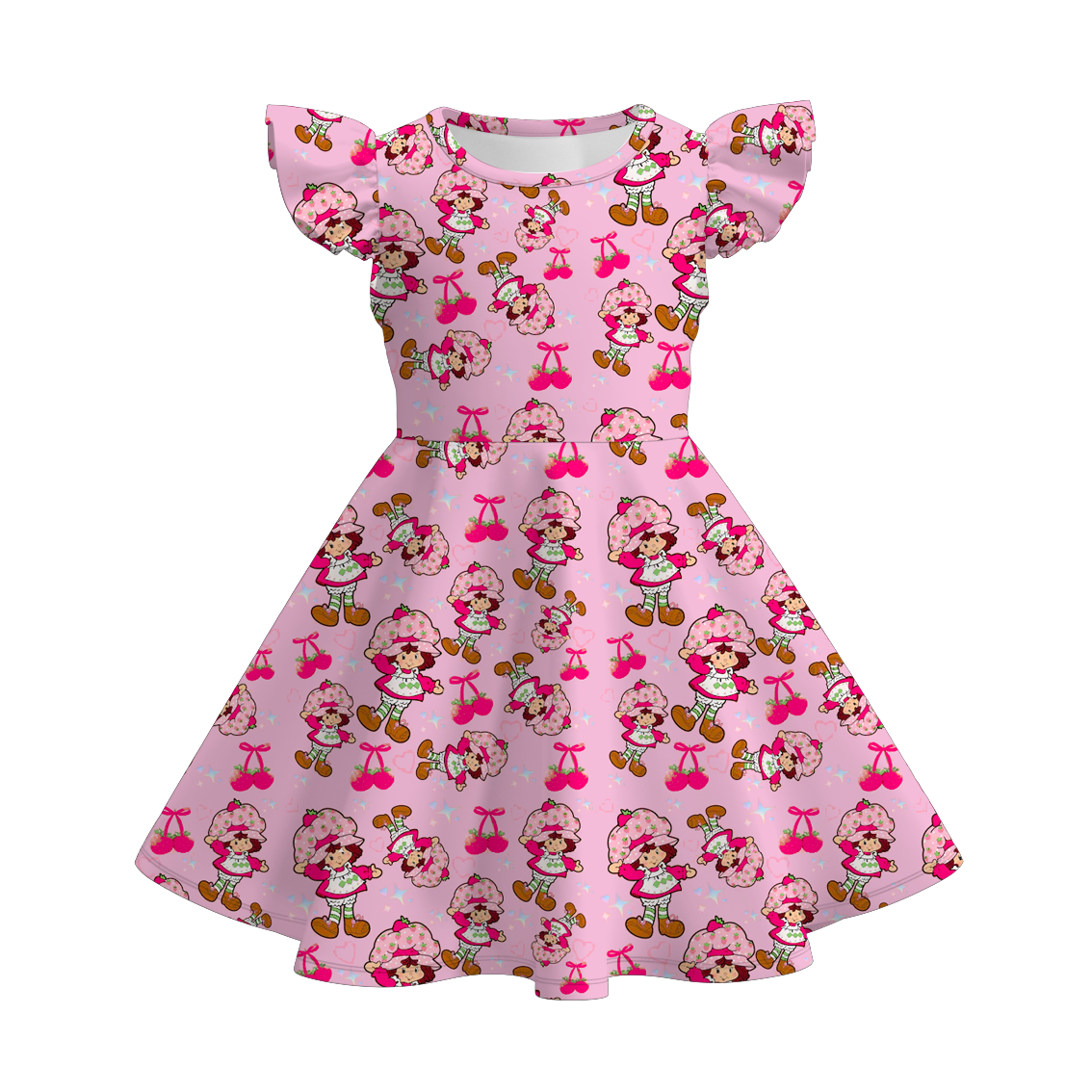 (Pre Order)Girls Spring and Summer Strawberry Print Flying Sleeves Dress