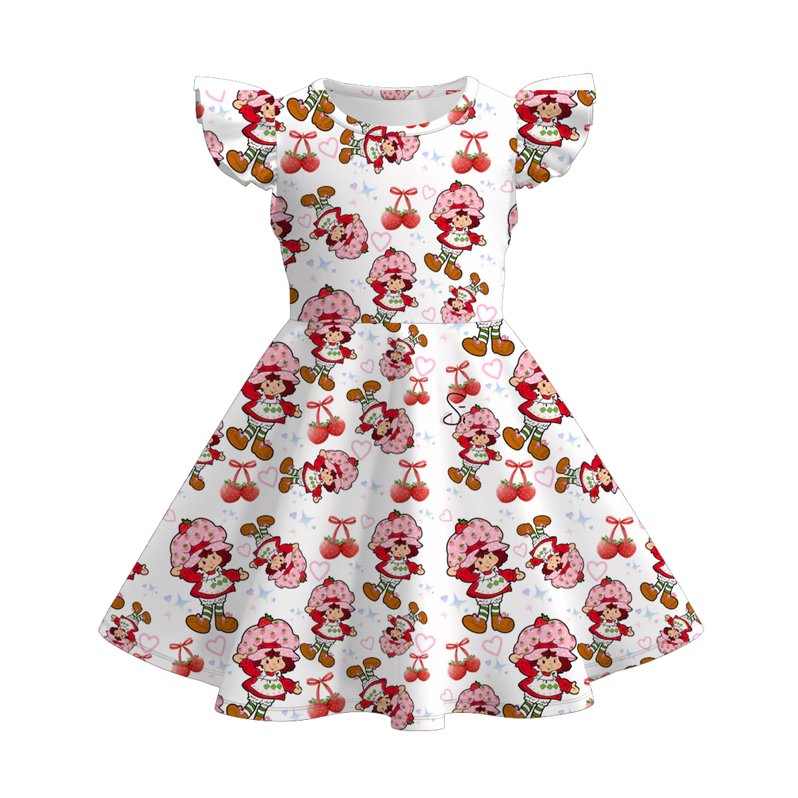(Pre Order)Girls Spring and Summer Strawberry Print Flying Sleeves Dress