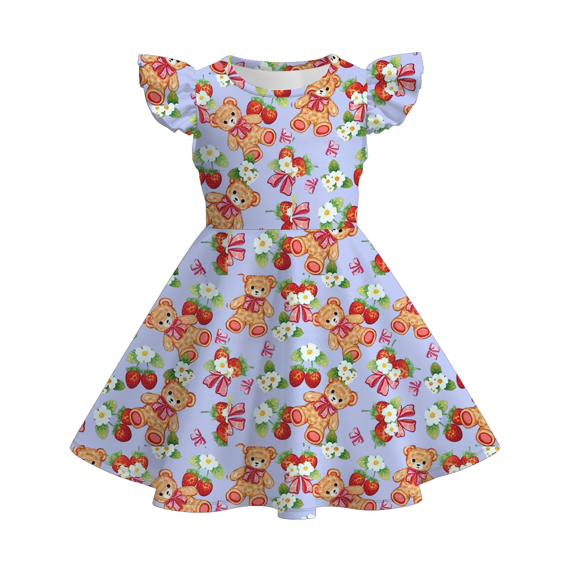 (Pre Order)Girls Spring and Summer Strawberry Print Flying Sleeves Dress