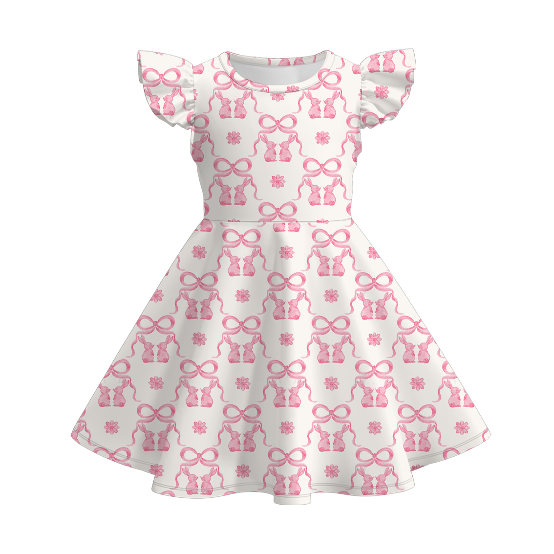 (Pre Order)Girls Easter Bunny Print Flying Sleeves Dress