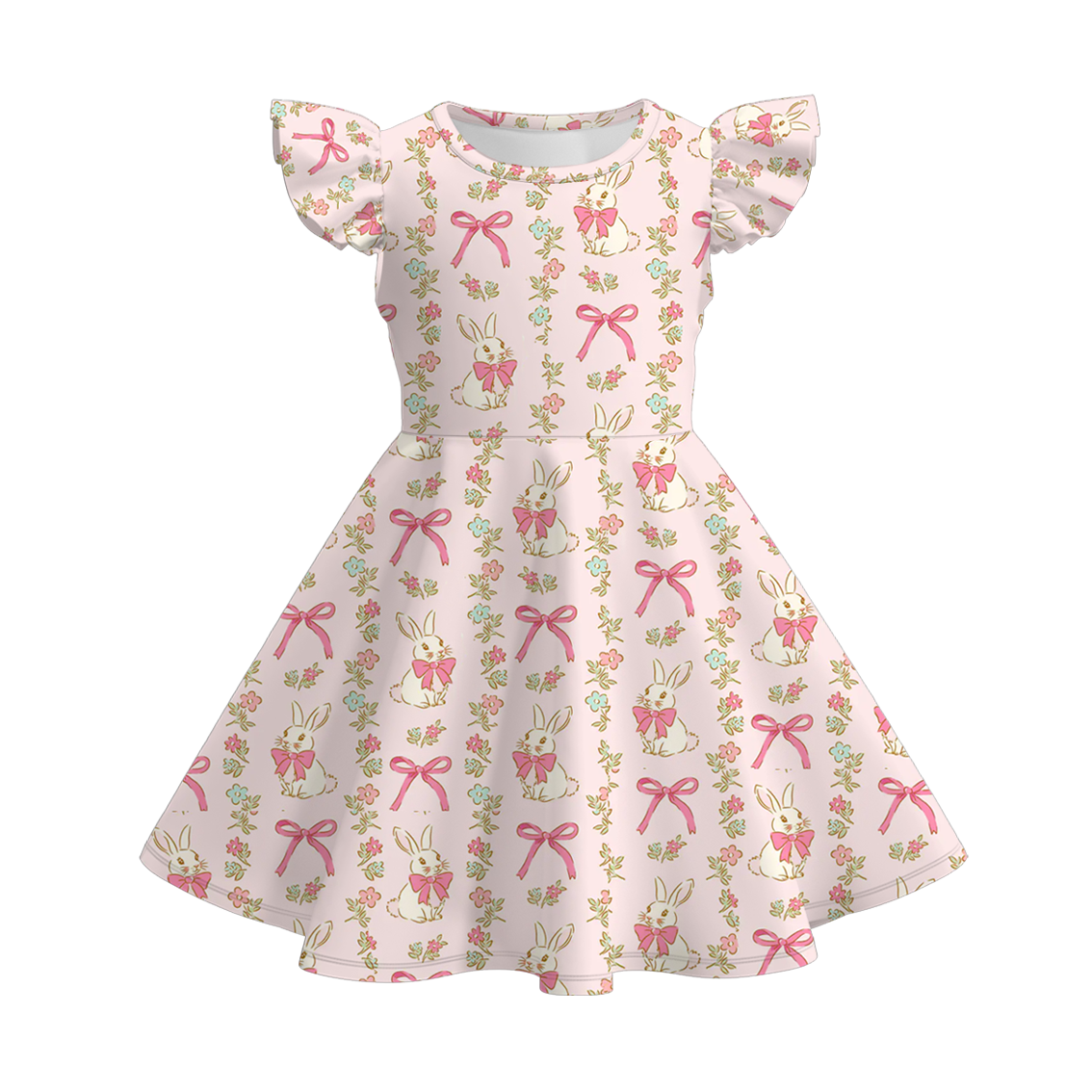 (Pre Order)Girls Easter Bunny Print Flying Sleeves Dress