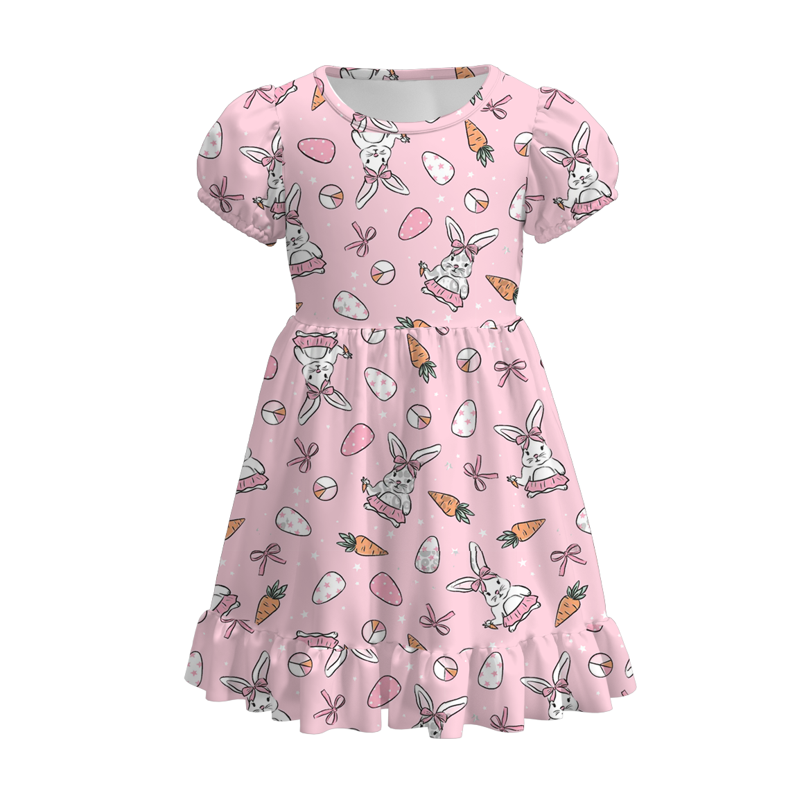 (Pre Order)Girls Easter Bunny Print Puffed Sleeves Dress