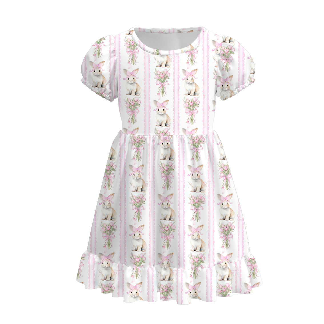 (Pre Order)Girls Easter Bunny Print Puffed Sleeves Dress