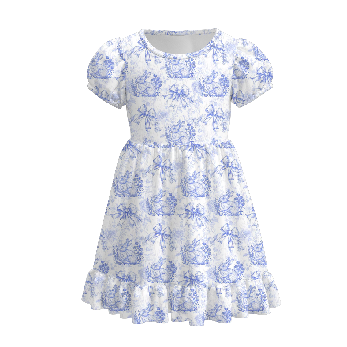 (Pre Order)Girls Easter Bunny Print Puffed Sleeves Dress