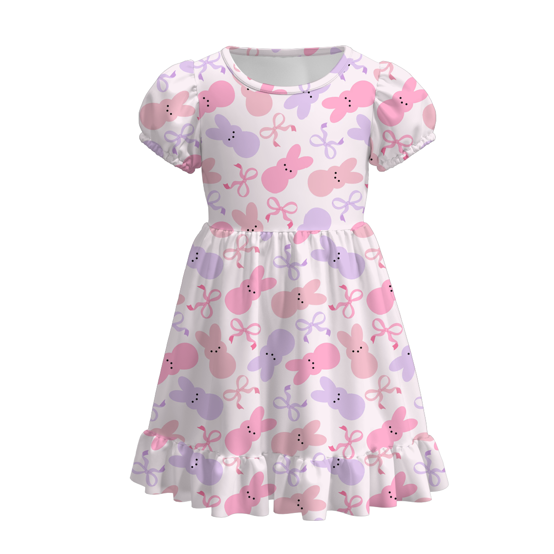 (Pre Order)Girls Easter Bunny Print Puffed Sleeves Dress