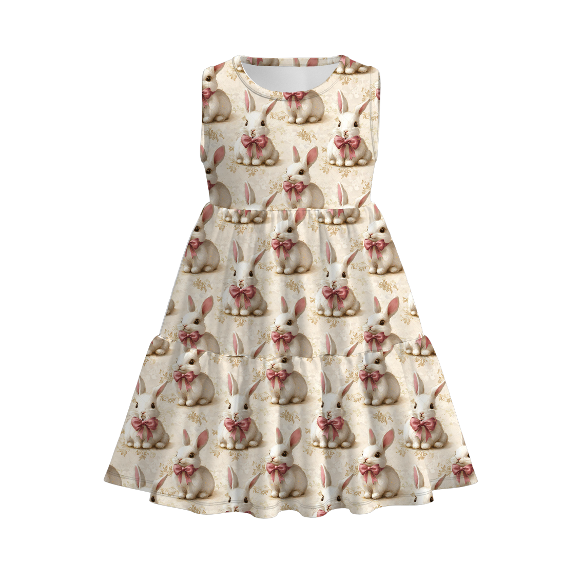 (Pre Order)Girls Easter Bunny Print Pleated Sleeveless Dress