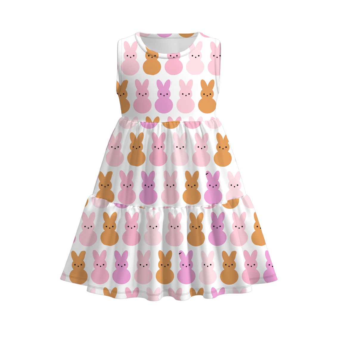 (Pre Order)Girls Easter Bunny Print Pleated Sleeveless Dress