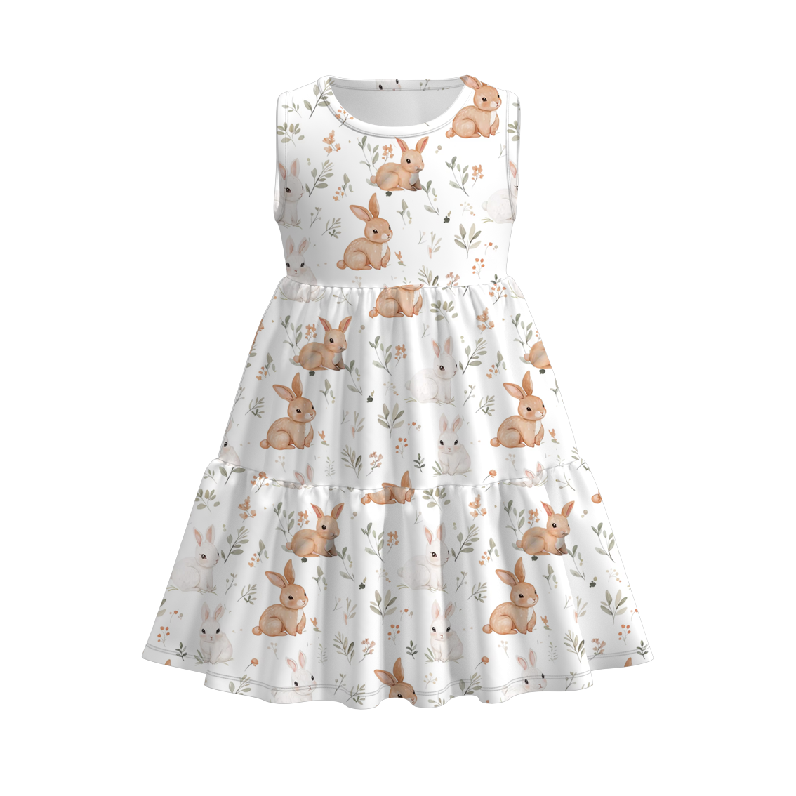 (Pre Order)Girls Easter Bunny Print Pleated Sleeveless Dress
