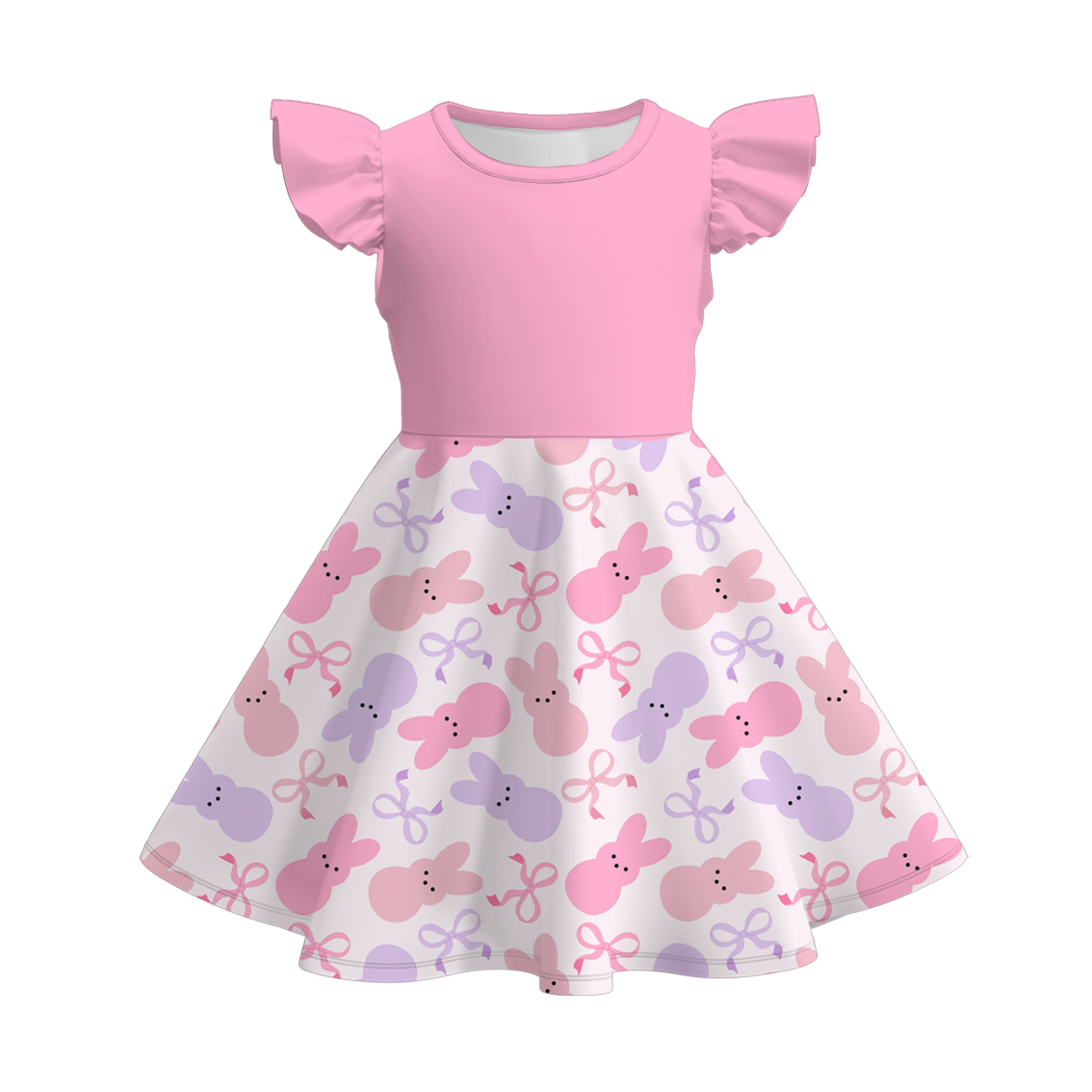 (Pre Order)Girls Easter Bunny Print Flying Sleeves Dress