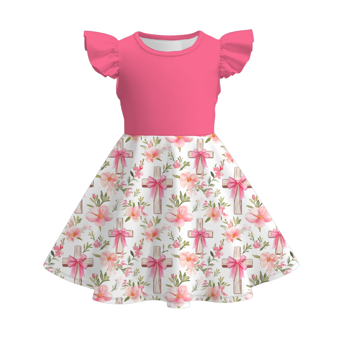 (Pre Order)Girls Easter Bunny Print Flying Sleeves Dress