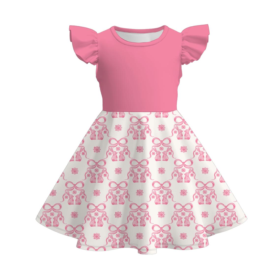 (Pre Order)Girls Easter Bunny Print Flying Sleeves Dress