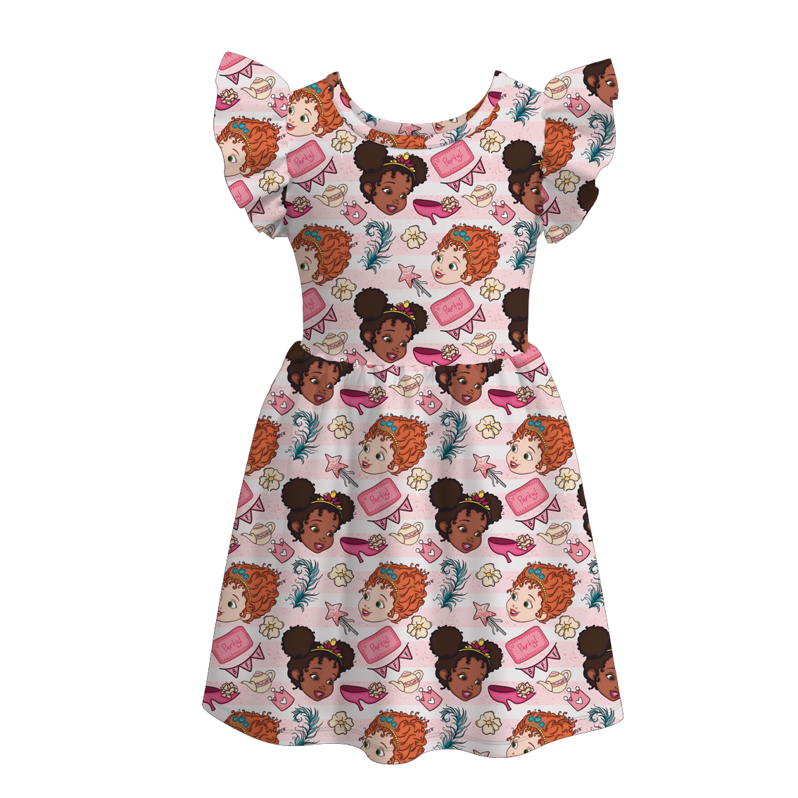 (Pre Order)Girls Spring and Summer Cartoon Character Print Flying Sleeves Dress