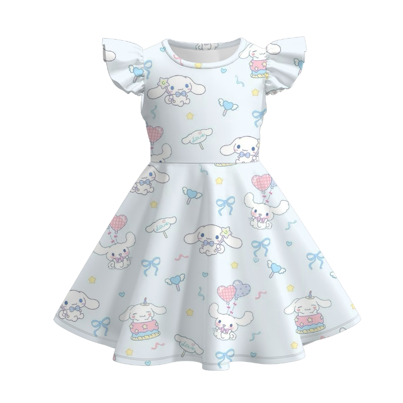 (Pre Order)Girls Spring and Summer Cartoon Print Flying Sleeves Dress
