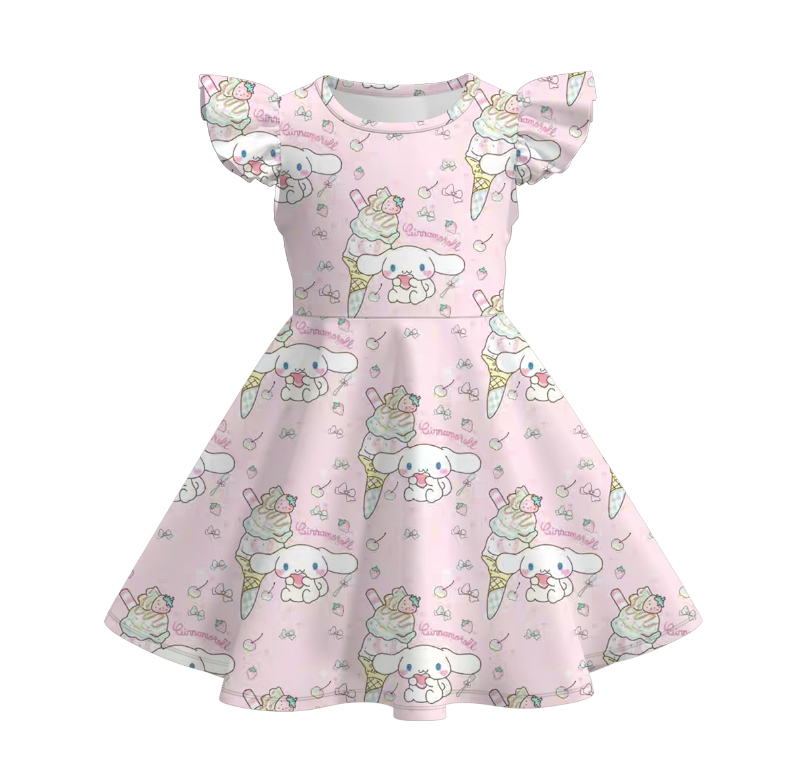 (Pre Order)Girls Spring and Summer Cartoon Print Flying Sleeves Dress