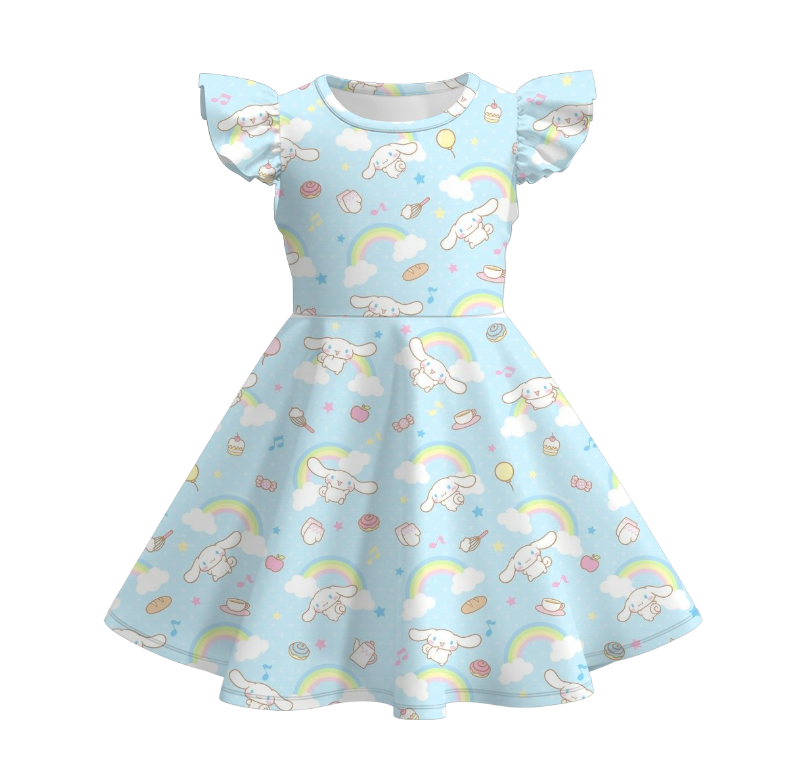 (Pre Order)Girls Spring and Summer Cartoon Print Flying Sleeves Dress