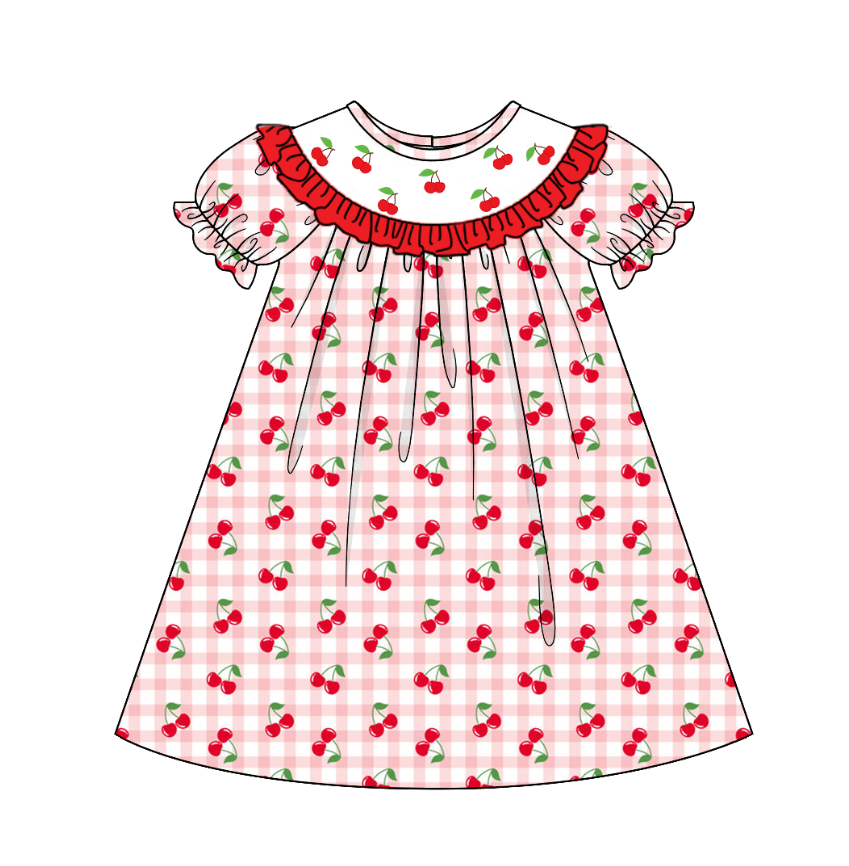 (Pre Order)Mommy and Me Spring&Summer Cherry Embroidery Smocked Dress,Romper