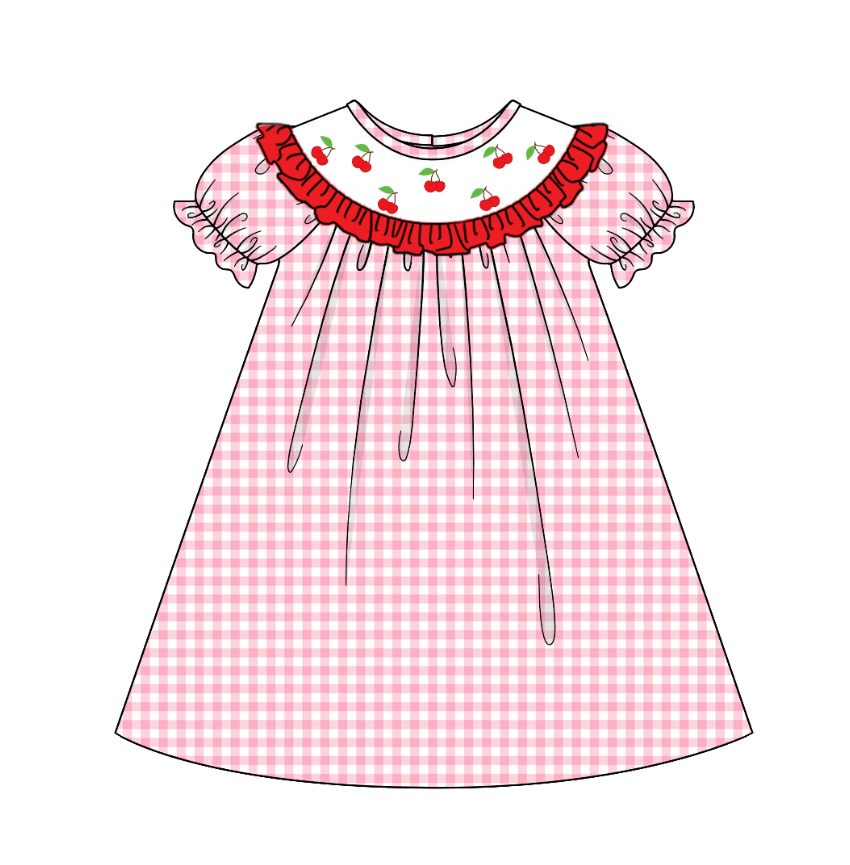 (Pre Order)Mommy and Me Spring&Summer Cherry Embroidery Smocked Dress,Romper