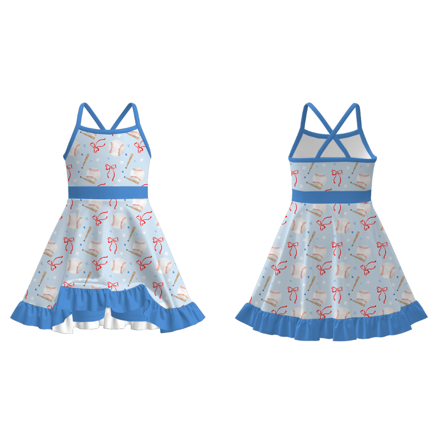 (Pre Order)Girls Spring and Summer Baseball Print Skort Dress