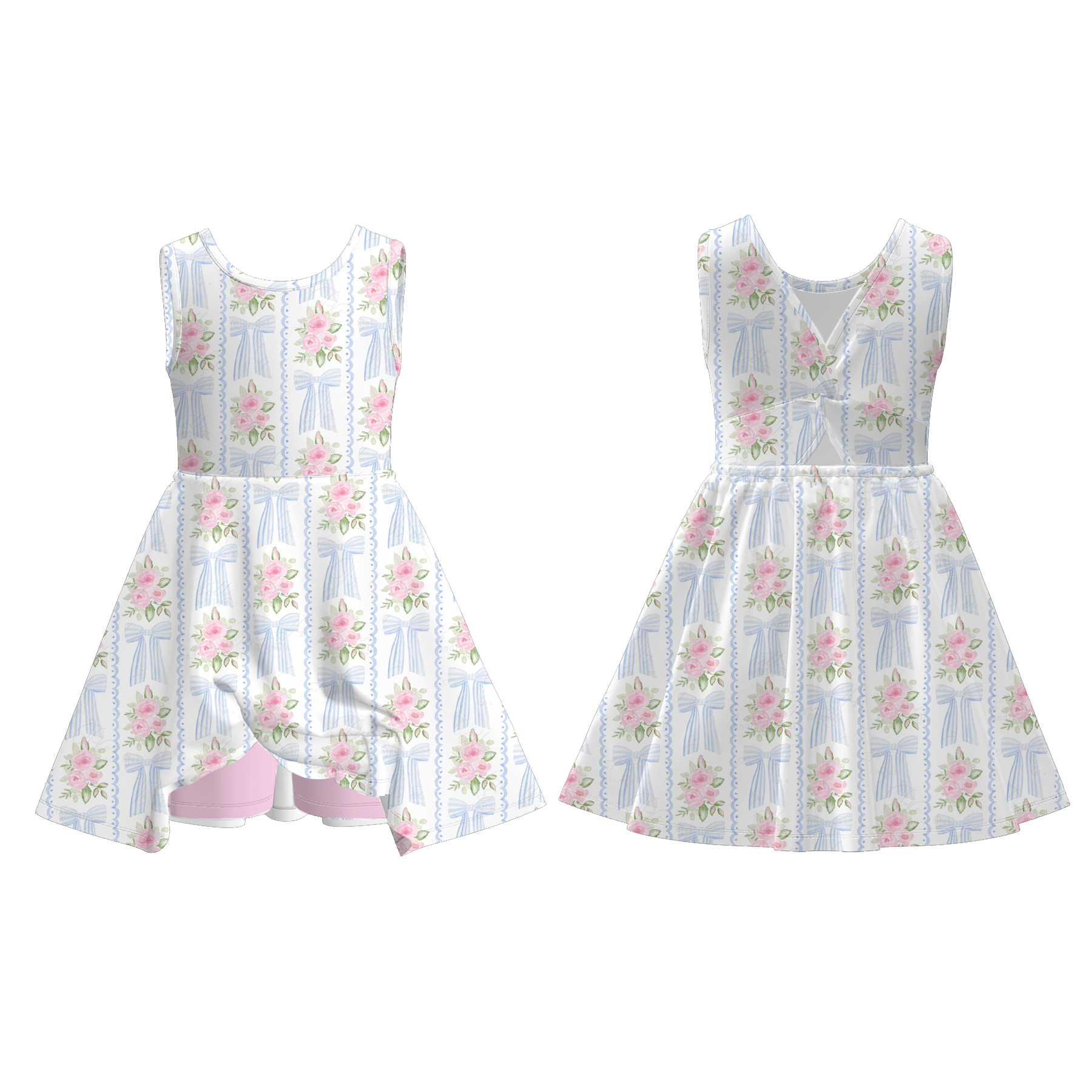 (Pre Order)Girls Spring and Summer Bow&Floral Print Skort Dress