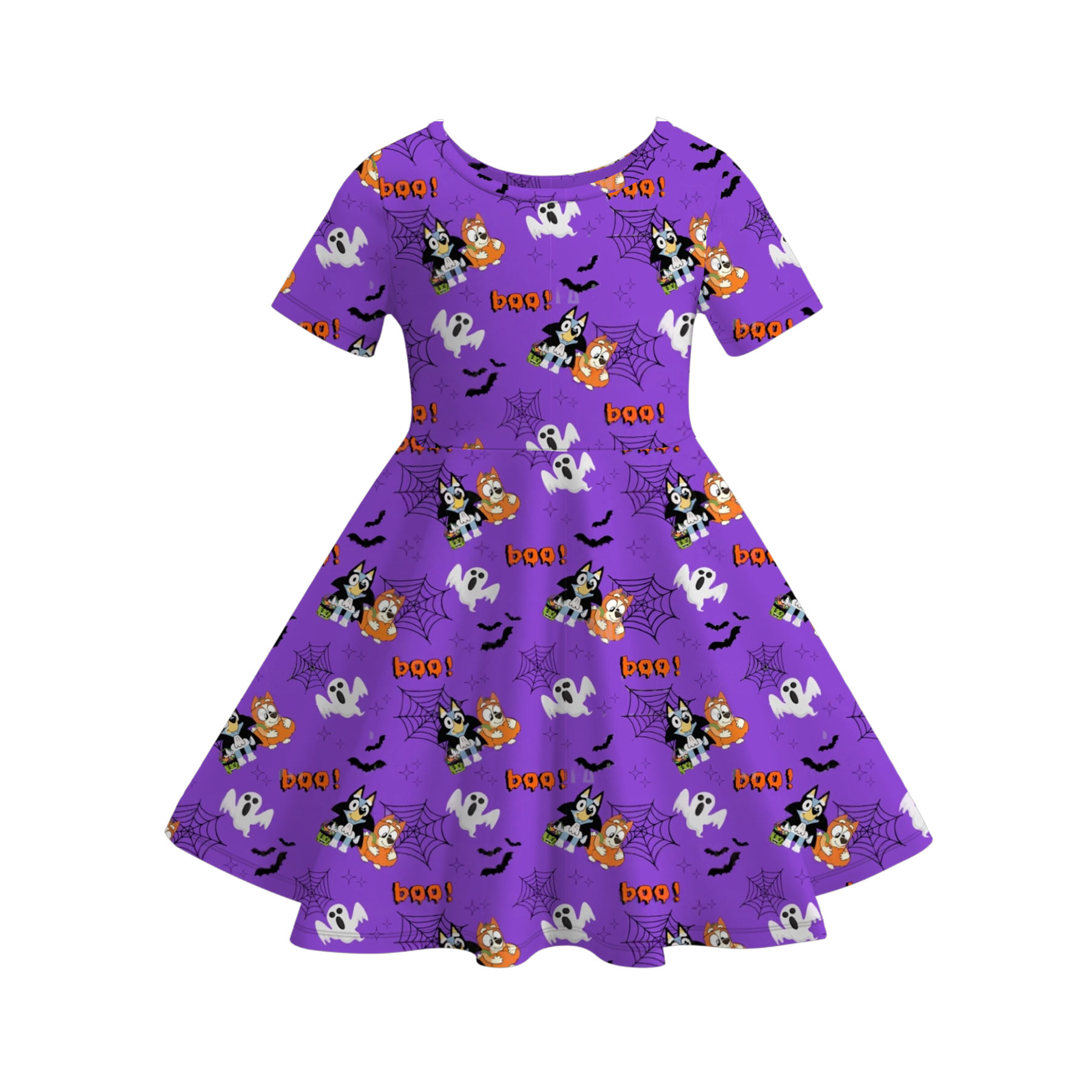 (Pre Order)Girls Halloween Pumpkin&Bat Print Dress