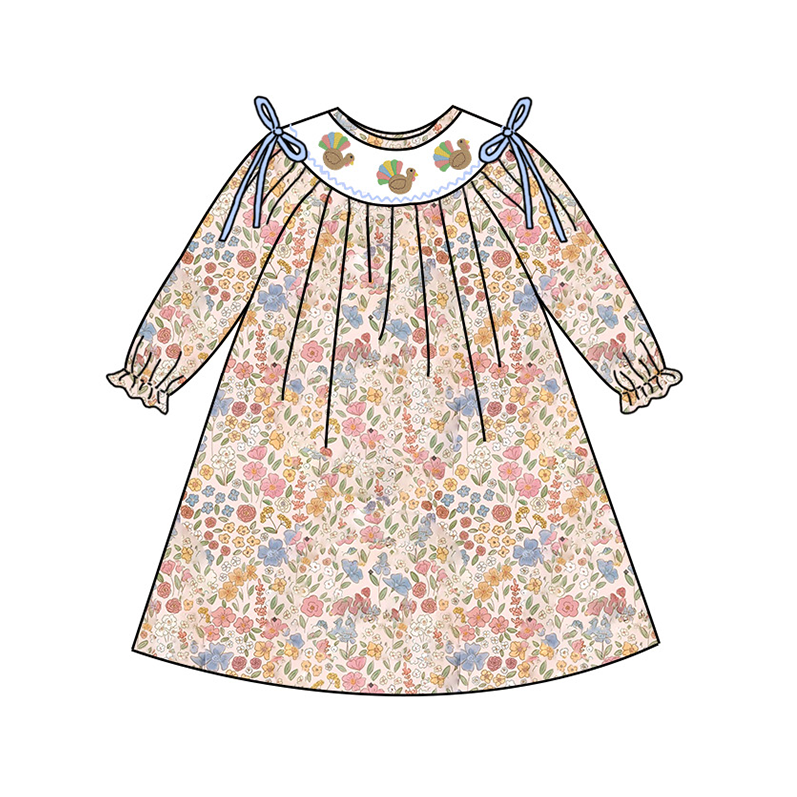 (Pre Order)Girls Thanksgiving Turkey Embroidery Smocked Dress,Set&Romper