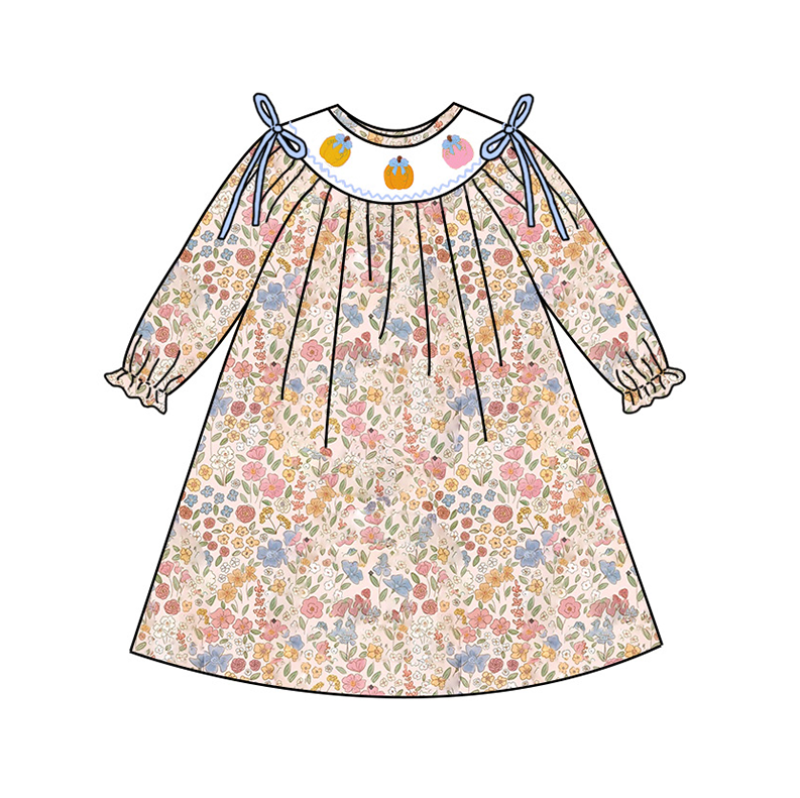 (Pre Order)Girls Halloween&Thanksgiving Pumpkin Embroidery Smocked Dress,Set&Romper
