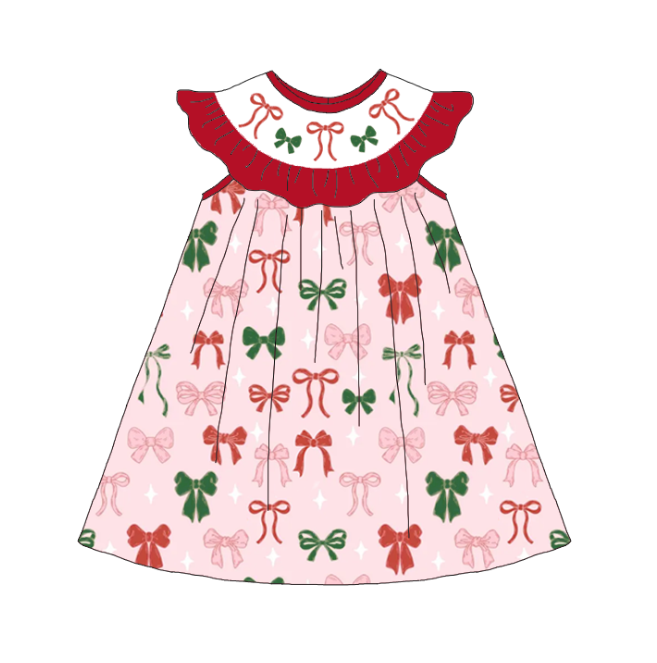 (Pre Order)Sisters Christmas Bow Embroidery Smocked Dress&Romper