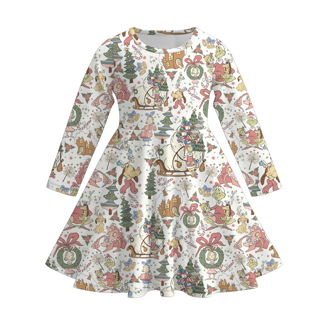 (Pre Order)Girls Christmas Cartoon Print Dress&Outfit Set