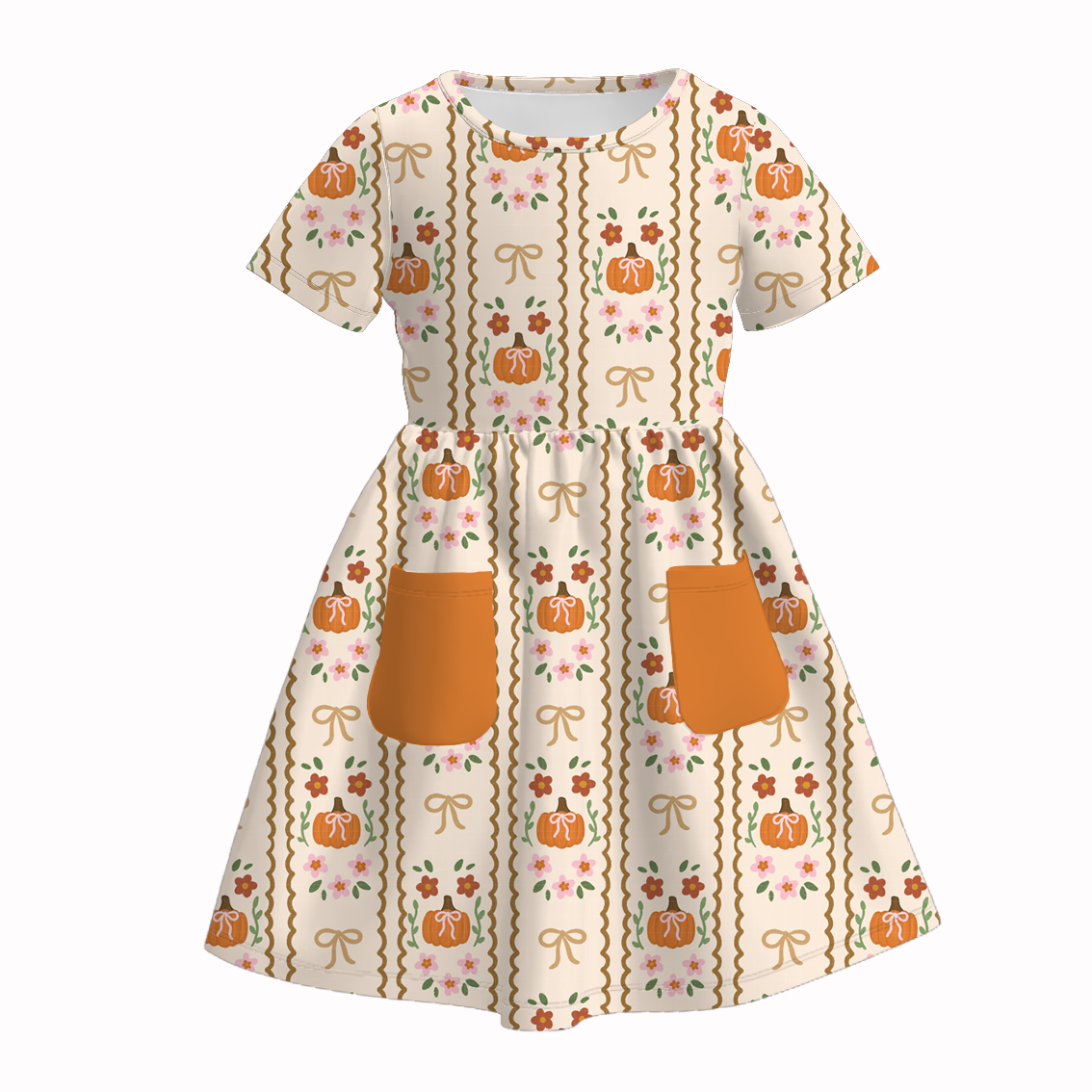 (Pre Order)Girls Fall Pumpkin Print Dress with Pockets
