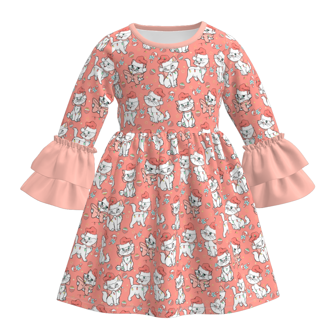 (Pre Order)Girls Christmas Cartoon Print Lace Sleeves Dress