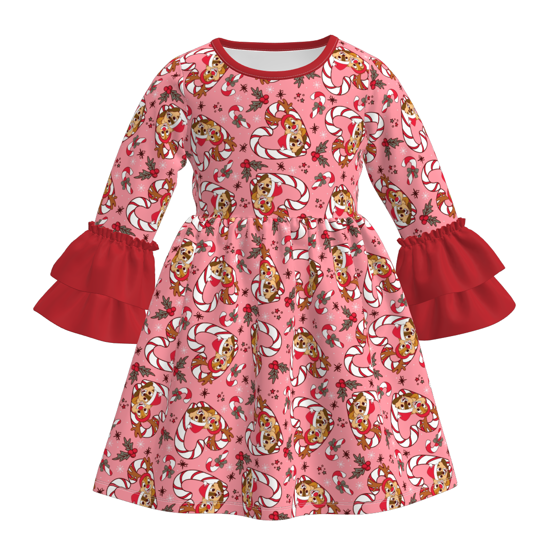 (Pre Order)Girls Christmas Cartoon Print Lace Sleeves Dress
