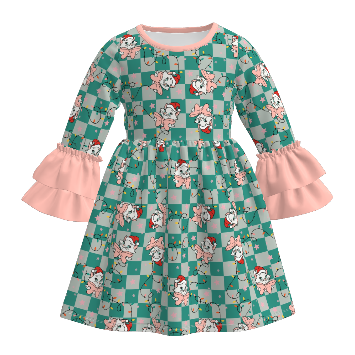 (Pre Order)Girls Christmas Cartoon Print Lace Sleeves Dress