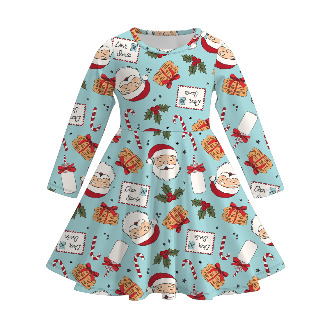 (Pre Order)Girls Christmas Santa Claus Print Dress&Outfit Set