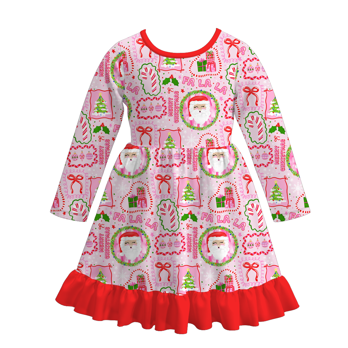 (Pre Order)Girls Christmas Santa Claus Print Dress&Outfit Set