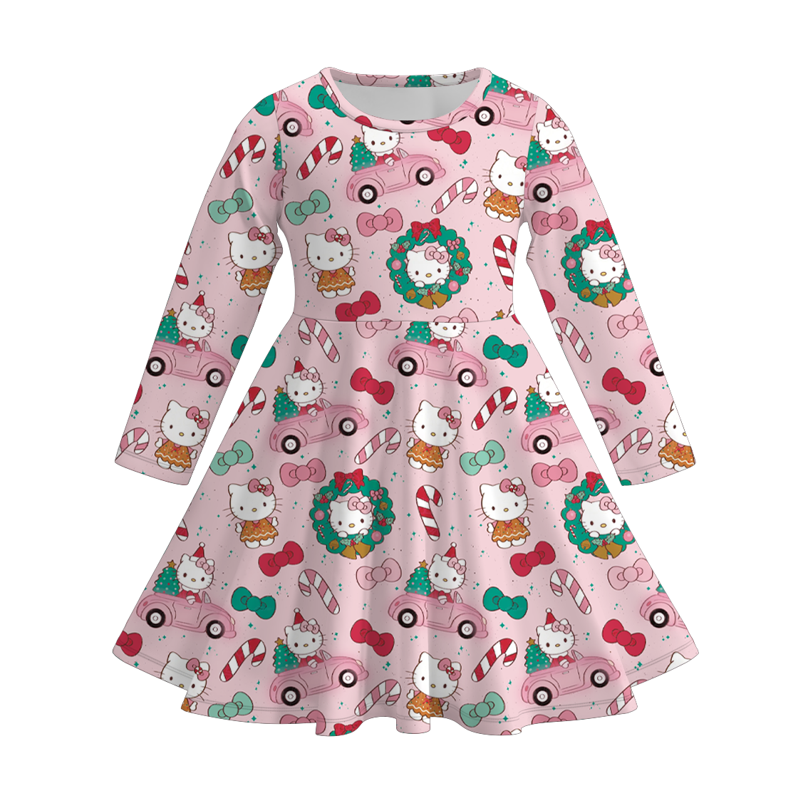 (Pre Order)Girls Christmas Cartoon Print Twirl Dress