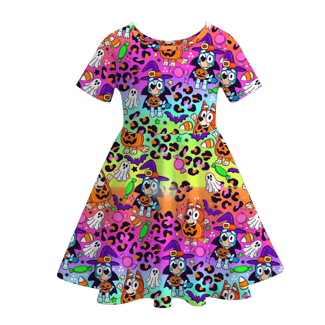 (Pre Order)Girls Halloween Cartoon Print Twirl Dress