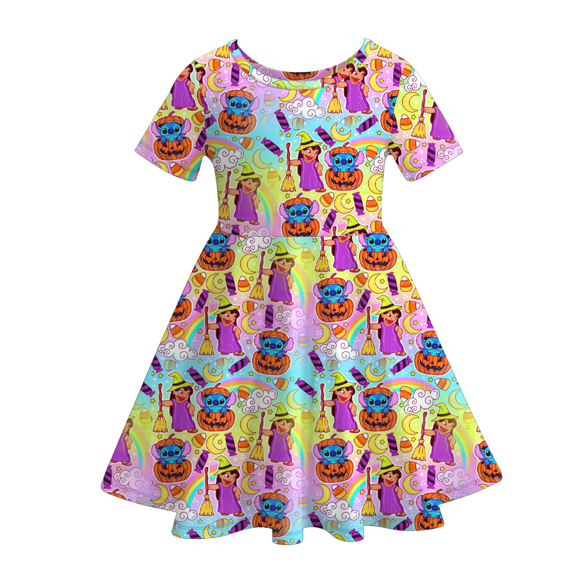 (Pre Order)Girls Halloween Cartoon Print Twirl Dress