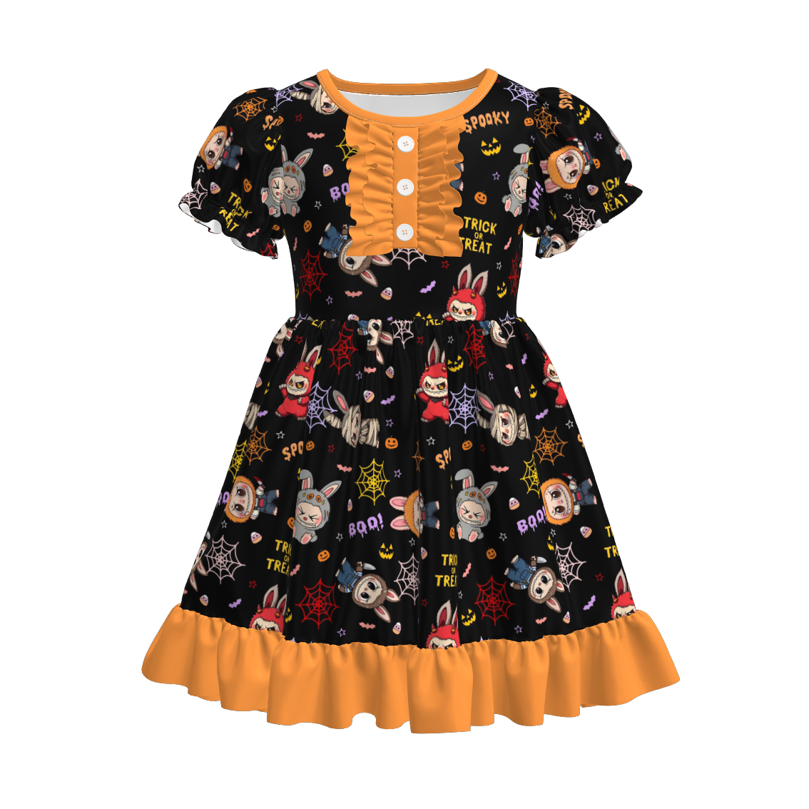(Pre Order)Girls Halloween Cartoon Print Ruffle Dress