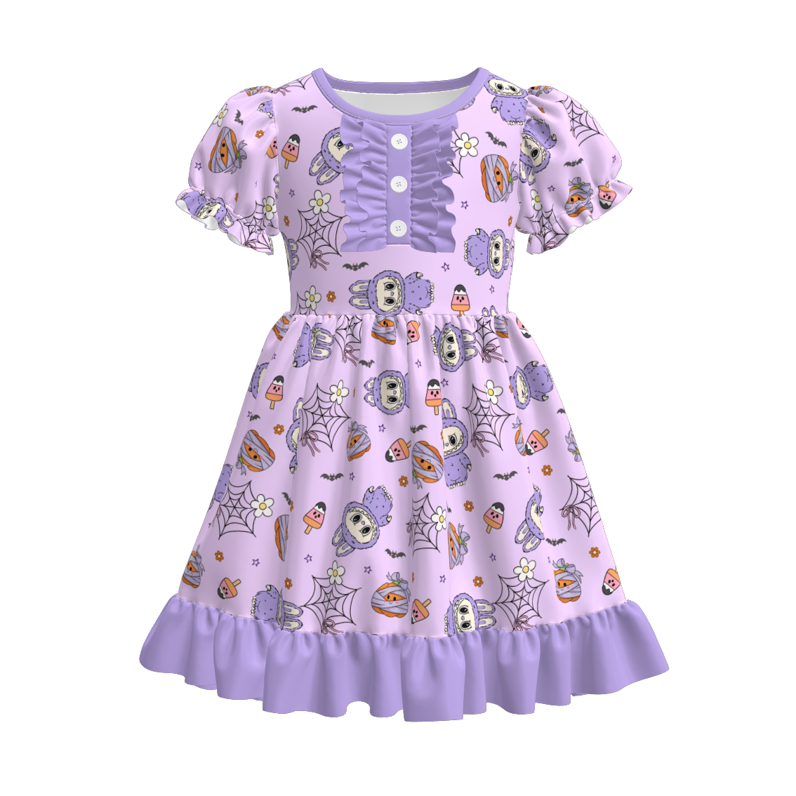 (Pre Order)Girls Halloween Cartoon Print Ruffle Dress