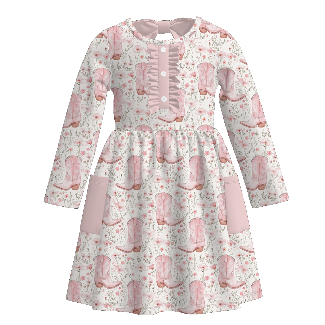 (Pre Order)Girls Fall Boots Print Dress with Pockets&Set