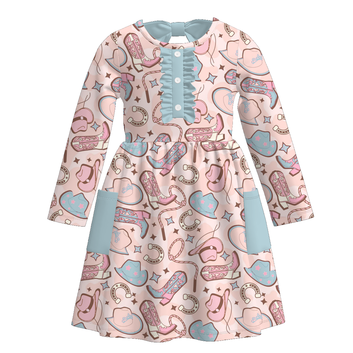 (Pre Order)Girls Fall Boots Print Dress with Pockets&Set