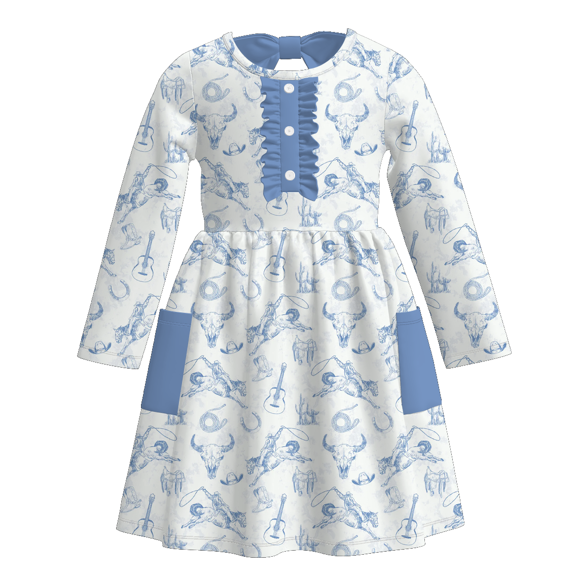 (Pre Order)Girls Fall Western Cowboy Print Dress with Pockets&Set
